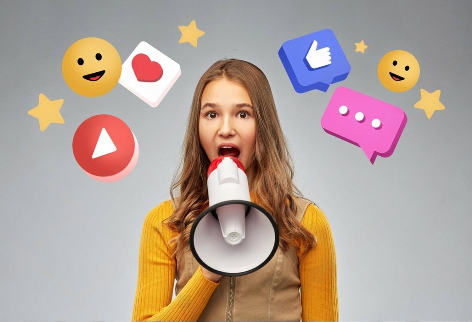 Teenage girl with a megaphone surrounded by chat and reaction icons, symbolising confident self-expression
